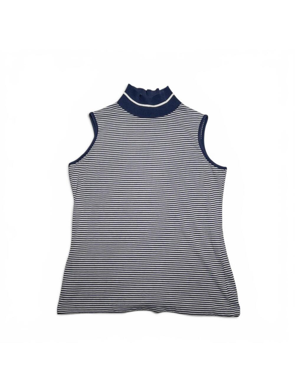 Vintage Sleeveless Navy and White Striped Mock Neck Top